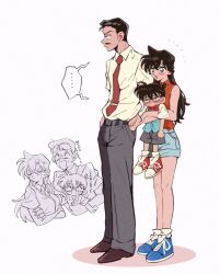 ... 1girl 2boys aqua_vest ba_ko black_hair blue_shoes blue_shorts blush bow bowtie breasts brown_hair brown_shoes child cowlick edogawa_conan facial_hair father_and_daughter full_body furrowed_brow glasses grey_pants hair_between_eyes hair_slicked_back hands_in_pockets highres long_hair medium_breasts meitantei_conan mouri_kogoro mouri_ran multiple_boys mustache necktie open_mouth pants red_bow red_bowtie red_necktie red_shirt red_shoes sailor_collar shirt shoes short_hair short_sleeves shorts sleeveless sleeveless_shirt smile spiked_hair spoken_ellipsis sweatdrop tie_clip white_background