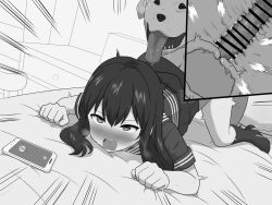 1boy 1girl ahegao animal_ears animal_penis bar_censor bed bedroom bestiality blush cellphone censored clothed_sex dog dog_ears dog_penis doggystyle highres huge_penis interspecies long_hair looking_at_viewer monochrome on_bed open_mouth penis phone rolling_eyes saliva school_uniform sex sex_from_behind tongue tongue_out top-down_bottom-up veins veiny_penis x-ray