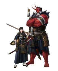 1boy 1girl armor armored_dress black_gloves black_hair black_hairband blush bokken bougu colored_skin dress father_and_daughter gloves hairband height_difference highres holding holding_sword holding_weapon horns ilsu_jang japanese_armor japanese_clothes katana kendo kendo_mask kendo_sword kimono koshirae kote lips md5_mismatch multicolored_eyes oni oni_horns ootachi original red_eyes red_skin resolution_mismatch scar short_hair source_larger suneate sword weapon wooden_sword