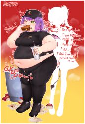 1girl absurdres alternate_body_size belly big_belly breasts eating fat fat_woman food full_stomach highres hololive medium_breasts navel obese orristerioso progression thick_arms thick_thighs thighs tokoyami_towa undersized_clothes virtual_youtuber weight_gain
