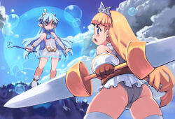 2girls ass blue_eyes from_behind from_below leaning_forward multiple_girls open_mouth pixiv_fantasia pixiv_fantasia_5 sky tagme teeth yu_3