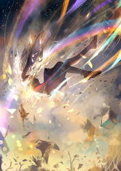 1girl abstract album_cover bow bowtie commentary cover falling female_focus fire floating_hair highres light_particles loafers long_hair meteor original outstretched_arms pantyhose purple_hair reaching reaching_towards_viewer school_uniform shoes sishenfan sketch skirt smile smoke solo