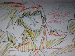 1990s_(style) animated animated_gif animation_process armor battle choujin_gakuen_gowcaizer hellstinger kash_gyustan oobari_masami oobari_punch pencils production_artwork punching retro_artstyle yoshinari_you