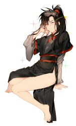 Rule 34 | 1boy, ahoge, androgynous, bare legs, barefoot, black hair, black hanfu, blush, chinese clothes, closed mouth, feet, full body, girly boy, hair tie, hand in own hair, hand up, hanfu, highres, invisible chair, jujeop, korean commentary, long hair, long sleeves, looking at viewer, male focus, modao zushi, one eye closed, ponytail, red eyes, robe, sash, sidelocks, simple background, single bare leg, sitting, smile, solo, sparkle, star (symbol), wei wuxian, white background, wide sleeves