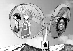 3girls absurdres ascot closed_eyes closed_mouth cloud collared_shirt commentary_request cookie_(touhou) daiyousei day diyusi_(cookie) dress gloves greyscale high-visibility_clothing high-visibility_vest high_ponytail high_side_ponytail highres manatsu_no_yo_no_inmu medium_hair monochrome monster_girl mountain multiple_girls open_mouth outdoors pinafore_dress pinky_(inmu) ponytail reflection shirt short_sleeves side_ponytail siyudi_(cookie) skirt sky sleeveless sleeveless_dress suspender_skirt suspenders touhou traffic_baton traffic_mirror tsugumi_amon