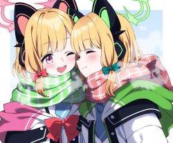 2girls ;d animal_ear_headphones animal_ears aqua_background blonde_hair blue_archive blue_necktie blush border bow buta_(dhakaoat) buttons cat_ear_headphones cat_ears closed_eyes closed_mouth commentary dress_shirt facing_another fake_animal_ears green_bow green_halo green_jacket green_scarf hair_bow halo headphones highres hood hood_down hooded_jacket jacket low-tied_sidelocks midori_(blue_archive) momoi_(blue_archive) multicolored_jacket multiple_girls necktie off_shoulder one_eye_closed open_clothes open_jacket open_mouth outside_border parted_bangs pink_eyes pink_halo pink_jacket pink_scarf profile red_bow scarf school_uniform shirt short_hair siblings sidelocks simple_background sisters smile suspenders teeth twins unbuttoned upper_body upper_teeth_only white_border white_jacket white_shirt