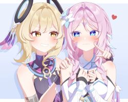 2girls bare_shoulders black_gloves blonde_hair blush cheek_poking citlali_(genshin_impact) citlali_(genshin_impact)_(cosplay) closed_mouth commentary_request cosplay costume_switch detached_sleeves facial_mark fingerless_gloves fingernails floating_headgear flower forehead_mark genshin_impact gloves grin hair_between_eyes hair_flower hair_ornament hand_on_another&#039;s_shoulder headgear highres kokoaji_(koko_aj1) long_hair looking_at_another looking_at_viewer lumine_(genshin_impact) lumine_(genshin_impact)_(cosplay) multiple_girls pink_hair poking short_hair_with_long_locks sleeveless sleeveless_turtleneck smile triangle triangle_facial_mark turtleneck very_long_hair white_flower white_sleeves yellow_eyes