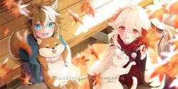 2boys :d aged_down animal_ears antenna_hair aqua_eyes arm_up artist_name black_kimono blue_kimono blush brown_hair cat child commentary crossed_bangs day dog dog_boy dog_ears dog_tail eyebrows_hidden_by_hair falling_leaves genshin_impact gorou_(genshin_impact) grey_pants hair_between_eyes hair_ornament hair_over_shoulder hakama hakama_pants hanapen highres holding holding_leaf japanese_clothes kaedehara_kazuha kimono lantern leaf light_particles light_rays long_sleeves looking_at_viewer low_ponytail male_focus maple_leaf medium_hair multicolored_hair multiple_boys open_mouth outdoors pants pom_pom_(clothes) ponytail red_eyes red_hair red_pants red_scarf sandals scarf shiba_inu short_eyebrows short_hair sidelocks sitting smile streaked_hair tail tassel teeth tongue tongue_out upper_teeth_only veranda watermark white_hair wide_sleeves zouri
