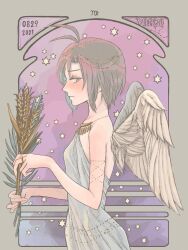6unip angel_wings antenna_hair black_hair blue_eyes dress from_side highres idolmaster idolmaster_(classic) kikuchi_makoto looking_back parted_bangs sidelocks virgo_(constellation) white_dress wings