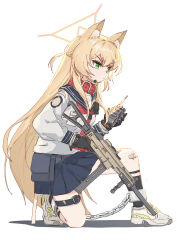absurdres animal_ears blonde_hair blue_archive bound bound_legs bound_wrists chain cuffs green_eyes gun h&amp;k_ump handcuffs headphones highres kurumi_(blue_archive) long_hair restrained sailor sao7 school_uniform shackles submachine_gun walkie-talkie weapon