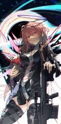 Rule 34 | 1girl, absurdres, anti-materiel rifle, arknights, arm belt, barrett m82, bigchaping, black hole, black jacket, black thighhighs, breasts, character doll, closed mouth, collar, cowboy shot, cross-laced clothes, detached wings, doll, energy wings, exusiai (arknights), gun, halo, highres, holding, holding doll, holding gun, holding weapon, jacket, lemuen (arknights), long hair, long sleeves, looking at viewer, medium breasts, open clothes, open jacket, parted bangs, pink eyes, pink hair, purple halo, rifle, sidelocks, smile, sniper rifle, solo, standing, thigh strap, thighhighs, traditional halo, weapon, white collar, wings, yellow halo