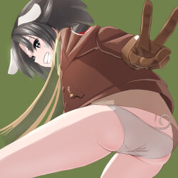 1girl absurdres animal_ears back black_hair brave_witches brown_gloves brown_jacket dog_ears dog_girl dog_tail gloves green_background hasegawa_(hase_popopo) highres jacket kanno_naoe looking_at_viewer looking_back military military_uniform no_pants panties scarf short_hair simple_background smile solo striped_clothes striped_scarf tail underwear v white_panties world_witches_series