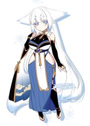 Rule 34 | 1girl, animal ears, blue eyes, breasts, bridal gauntlets, elbow gloves, fingerless gloves, fox ears, fox girl, fox tail, gloves, hakama, hakama skirt, hip vent, japanese clothes, konshin, large breasts, leotard, leotard under clothes, long hair, looking at viewer, original, redrawn, revision, skirt, solo, tail, thighhighs, toeless legwear, white hair, wide hips