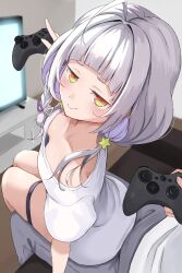 Rule 34 | 1boy, 1girl, absurdres, ahoge, arched bangs, blush, braided twintails, breasts, bulge, closed mouth, collarbone, colored inner hair, commentary request, controller, couch, downblouse, erection, erection under clothes, from above, game controller, girl on top, grey hair, grey pants, hair ornament, highres, holding, holding controller, holding game controller, hololive, indoors, jitome, living room, long hair, long shirt, looking at viewer, looking back, looking up, low twintails, medium breasts, multicolored hair, murasaki shion, off-shoulder shirt, off shoulder, on couch, orange eyes, pants, pov, purple hair, shirt, short sleeves, sidelocks, sitting, sitting on lap, sitting on person, smile, smug, star (symbol), star hair ornament, table, television, thigh strap, tonton utaro, triangle hair ornament, turning head, twintails, virtual youtuber, white shirt
