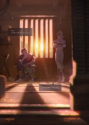 2boys beni_(pokemon) blurry commentary_request crossed_arms facial_hair film_grain half-closed_eyes headband highres indoors japanese_clothes kamado_(pokemon) kimono male_focus meipu_hm multiple_boys mustache nintendo pokemon pokemon_legends:_arceus pot sandals shadow shelf short_hair sitting sky speech_bubble standing sun sunset translation_request twilight white_hair window