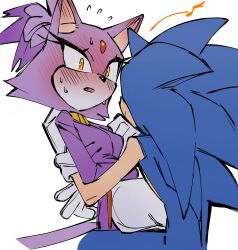 1boy 1girl absurdres animal_ears blaze_the_cat blush cat_ears embarrassed flying_sweatdrops forehead_jewel furry furry_female furry_male gem gloves guin_(imarealpenguin) highres hug jewelry musical_note necklace open_mouth red_gemstone sitting sitting_on_lap sitting_on_person sonic_(series) sonic_the_hedgehog sweat sweatdrop white_background