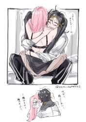 2girls absurdres arms_around_neck black_bra black_hair black_sweater blonde_hair blush bra closed_eyes commentary_request hickey highres hug multicolored_hair multiple_girls off_shoulder original pink_hair shirt sitting sitting_on_lap sitting_on_person smile speech_bubble streaked_hair sweater szm_hattori01 translation_request trembling underwear white_shirt yuri
