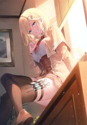 1girl absurdres blonde_hair blue_eyes capelet crossed_legs day desk finger_to_mouth grin hair_ornament high-waist_skirt highres hololive hololive_english indoors jacket looking_at_viewer medium_hair on_desk open_clothes open_jacket plaid_clothes plaid_skirt scan shirt shoes shushing sitting skirt smile solo thighhighs toosaka_asagi virtual_youtuber watson_amelia white_shirt window window_blinds