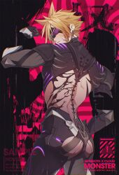 2boys ass backless_outfit black_bodysuit body_markings bodysuit character_name cloud_strife cloud_strife_(bahamut_garb) covered_eyes cowboy_shot earrings eye_mask facial_mark final_fantasy final_fantasy_vii final_fantasy_vii_ever_crisis hair_between_eyes highres holding_another&#039;s_arm jewelry lyell_ff14 multiple_boys official_alternate_costume sephiroth sephiroth_(ever_crisis) short_hair silhouette single_earring spiked_hair yaoi