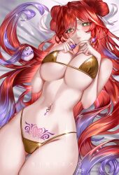 1girl artist_name bed bikini blush breasts breasts_squeezed_together cleavage colored_tips commentary double_bun earrings elle_(vtuber) fingernails four-finger_heart_hands glint gold_bikini hair_bun hair_intakes heart heart-shaped_pupils heart_hands highres indie_virtual_youtuber jewelry large_breasts linea_alba long_fingernails long_hair looking_at_viewer lying multicolored_hair nail_polish navel navel_piercing on_back on_bed parted_lips piercing pubic_tattoo purple_hair purple_nails red_hair ringeko-chan solo stomach swimsuit symbol-only_commentary symbol-shaped_pupils tattoo thigh_gap twitter_strip_game underboob virtual_youtuber yellow_eyes
