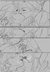 2girls after_kiss arlecchino_(genshin_impact) blush breath closed_eyes commentary english_commentary french_kiss furina_(genshin_impact) genshin_impact greyscale half-closed_eyes hand_in_another&#039;s_hair hand_on_another&#039;s_thigh highres kiss kiwiteamlp lipstick makeup monochrome multiple_girls o-ring o-ring_thigh_strap saliva saliva_trail smeared_lipstick sweat thigh_strap yuri