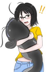 ! !! 1girl :o animal animal_hug black_hair brown_eyes catfish denim fish glasses midriff ookumo-chan_flashback ookumo_aya osage_gankyou shirt short_sleeves solo standing stuffed_animal stuffed_fish stuffed_toy white_background yellow_shirt