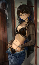 1girl absurdres black_choker black_hair black_panties bra breasts choker denim glasses hidulume highres lingerie medium_breasts mole mole_under_mouth navel open_fly original panties solo stomach tagme underwear