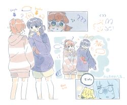 Rule 34 | animal ears, blue hair, blue ribbon, body switch, confused, diagonal bangs, highres, hinoshita kaho, kachimachi kosuzu, link! like! love live!, love live!, mole, mole on neck, momose ginko, murano sayaka, musical note, orange hair, personality switch, ponytail, rabbit ears, red ribbon, ribbon, sweater, tomato, virtual youtuber, woodonly, worried