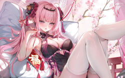 1girl absurdres akizero1510 alternate_hairstyle arm_behind_head black_dress branch breasts bun_cover cherry_blossoms cleavage collared_dress commentary cushion double_bun dress falling_petals hair_bun highres hololive hololive_english large_breasts leg_up long_hair looking_at_viewer mori_calliope open_mouth petals pink_eyes pink_hair reclining sitting sleeveless sleeveless_dress smile solo thighhighs tiara virtual_youtuber white_thighhighs