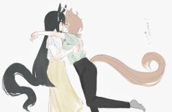 Rule 34 | 2girls, ^ ^, agnes tachyon (umamusume), ahoge, animal ears, black hair, black pants, black tail, blunt ends, blush, brown hair, brown tail, closed eyes, commentary request, ear ornament, elbow on another&#039;s shoulder, feet out of frame, foot out of frame, green shirt, horse ears, horse girl, horse tail, hydr051, kiss, long hair, long skirt, manhattan cafe (umamusume), medium hair, multiple girls, pants, profile, shirt, short sleeves, skirt, surprised, tail, umamusume, very long hair, white shirt, yellow skirt, yuri