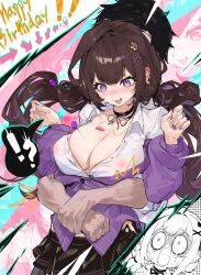 1boy 2girls @_@ absurdres azreall black_choker black_hair black_skirt breasts brown_hair choker covered_erect_nipples grabbing_from_behind hair_ornament hairclip highres large_breasts long_hair looking_down multiple_girls nipples no_bra open_mouth original purple_eyes purple_sweater red_nails shirt skirt solo_focus surprised sweater twintails white_shirt