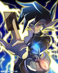 Rule 34 | 1boy, black hair, black jacket, black shirt, card, closed mouth, duel academy uniform (yu-gi-oh! gx), duel disk, hair between eyes, highres, holding, holding card, jacket, lightning, long sleeves, looking at viewer, male focus, manjoume jun, open clothes, open jacket, raijin-bh, shirt, smile, solo, twitter username, upper body, yu-gi-oh!, yu-gi-oh! gx