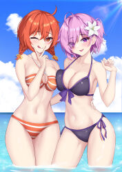 2girls :q absurdres ahoge alternate_hairstyle asymmetrical_docking bare_shoulders bikini blush braid breast_press breasts cleavage collarbone commentary english_commentary fate/grand_order fate_(series) fingernails flower fujimaru_ritsuka_(female) fujimaru_ritsuka_(female)_(brilliant_summer) hair_over_one_eye highres large_breasts lily_(flower) long_fingernails looking_at_viewer low_twin_braids mash_kyrielight mergerri multiple_girls navel one_eye_closed orange_bikini orange_eyes orange_hair purple_bikini purple_eyes purple_hair short_hair smile swimsuit thighs tongue tongue_out twin_braids v v_over_mouth white_flower white_lily