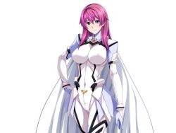 1girl aqua_eyes blush bodysuit breasts cape covered_erect_nipples covered_navel game_cg gentle_sasaki gloves hand_on_own_hip large_breasts long_hair looking_at_viewer non-web_source official_art pink_hair prism_reica purple_hair shindou_hatsune skin_tight solo soukou_senki_prism_reica transparent_background variant_set white_bodysuit