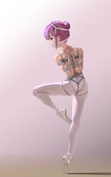 1girl absurdres arms_behind_back athletic_leotard ball_gag ballerina ballet ballet_slippers bare_shoulders bdsm blue_eyes bondage bound bound_arms bound_fingers bound_torso bound_wrists crotch_rope female_focus from_behind gag gag_harness gagged highres kamikawa_sumire_(himitsu) leotard looking_at_viewer medium_hair original pantyhose pointe purple_hair restrained reverse_prayer shibari shibari_over_clothes skindentation solo standing standing_on_one_leg tiptoes variant_set wanliu white_pantyhose wiffle_gag