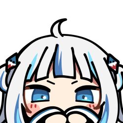 1girl ahoge artist_request bad_link blue_eyes blue_hair blunt_bangs chibi covering_own_mouth gawr_gura gawr_gura_(1st_costume) hair_ornament hands_up hololive hololive_english multicolored_hair official_art portrait shark_hair_ornament solo streaked_hair transparent_background two_side_up virtual_youtuber white_hair