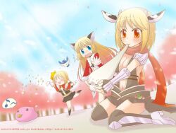 2009 animal_ears armor armored_boots artist_name assassin_cross_(ragnarok_online) black_gloves black_leotard black_thighhighs blonde_hair blue_eyes blue_sky blush boots breasts brown_boots brown_dress cape cat_ears cat_girl cherry_blossoms chinese_zodiac clear_sky cleavage closed_mouth coat coin commentary_request cow_ears creator_(ragnarok_online) day dress eating elbow_gloves fake_animal_ears fake_horns filir_(ragnarok_online) food full_body fur-trimmed_coat fur_trim gloves horns large_breasts leotard long_hair looking_at_another mochi navel open_mouth orange_eyes outdoors pauldrons poring ragnarok_online red_cape red_coat revealing_clothes rogue_(ragnarok_online) short_hair shoulder_armor sitting sky smile standing tachibana_sakuya_(matsurika) thighhighs vambraces watermark web_address white_gloves year_of_the_ox
