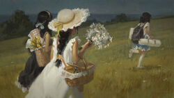 Rule 34 | 3girls, backpack, bag, basket, black dress, black hair, blue skirt, bouquet, bush, commentary request, day, dress, flower, grass, highres, holding, holding basket, holding bouquet, jar, long hair, multiple girls, original, outdoors, picnic basket, shirt, skirt, white dress, white flower, white shirt, xiaobanbei milk, yellow flower