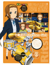 Rule 34 | 1girl, absurdres, animage, blue ribbon, blush, border, brown hair, character profile, drum, drum set, drumsticks, english text, from above, full body, headband, highres, holding, holding drumsticks, horiguchi yukiko, instrument, k-on!, looking at viewer, magazine scan, official art, pleated skirt, ribbon, sakuragaoka high school uniform, scan, school uniform, short hair, skirt, smile, socks, tainaka ritsu, text focus, translation request, white border, white socks, winter uniform, yellow eyes, yellow headband
