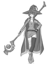 1girl bare_shoulders belt black_belt black_cape black_gloves black_thighhighs cape choker fingerless_gloves full_body gloves greyscale hand_on_own_hip hat highres holding holding_staff kono_subarashii_sekai_ni_shukufuku_wo! light_smile looking_to_the_side megumin monochrome ryehry short_hair_with_long_locks staff thighhighs white_background