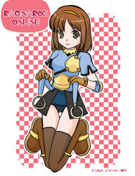 1girl 2012 archer_(ragnarok_online) armored_skirt blue_one-piece_swimsuit blue_shirt boots breasts brown_boots brown_eyes brown_gloves brown_hair brown_thighhighs checkered_background closed_mouth commentary_request copyright_name full_body gloves hairband kneeling looking_at_viewer medium_breasts muneate one-piece_swimsuit orange_hairband pink_background ragnarok_online school_swimsuit shirt short_hair short_sleeves smile solo swimsuit swimsuit_under_clothes thighhighs white_background yazawa_kazuki