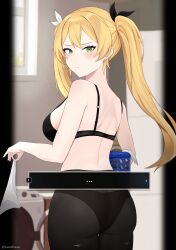 1girl absurdres artist_name black_bra black_panties black_pantyhose black_ribbon blonde_hair blurry blurry_background bra breasts commentary cowboy_shot dokibird_(vtuber) dokibird_(vtuber)_(retro_doki) frown green_eyes hair_ribbon highres holding holding_panties holding_underwear holding_unworn_clothes indie_virtual_youtuber laundry laundry_basket lendivere light_particles looking_at_viewer medium_breasts panties panties_under_pantyhose pantyhose ribbon solo standing symbol-only_commentary twintails twitter_username underwear undressing unworn_panties virtual_youtuber washing_machine white_panties white_ribbon