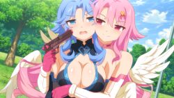 Rule 34 | aiming, angry, black bodysuit, blue eyes, blue hair, bodysuit, curtained hair, feathered wings, game cg, gloves, gun, handgun, hug, hug from behind, lilim (sakura cupid), official art, park, pink eyes, pink gloves, pink hair, sakura cupid, serra (sakura cupid), smile, wanaca, weapon, white bodysuit, wings, yuri