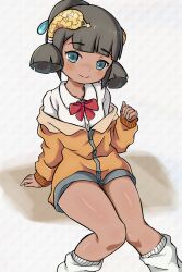 1girl arm_support black_hair blue_eyes blunt_bangs bow brown_sweater closed_mouth commentary fi_nonoa_(world_flipper) freckles grey_background hair_ornament highres leg_warmers long_sleeves looking_at_viewer mwm5 red_bow sitting sleeves_past_wrists solo sweater tan world_flipper