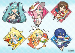 2boys 4girls :d ;d adjusting_clothes adjusting_headwear aqua_eyes aqua_hair arm_tattoo banana barefoot bass_clef beach_chair bikini black_bow black_footwear black_innertube blonde_hair blue_eyes blue_flower blue_hair blue_scarf blue_shorts blush bow bracelet brown_eyes brown_hair chibi closed_mouth copyright_name dress drink floral_print_shirt flower flower_necklace food fruit full_body green_flower hair_bow hair_flower hair_ornament hairclip hat hatsune_miku hibiscus holding holding_drink holding_food holding_spoon jewelry kagamine_len kagamine_rin kaito_(vocaloid) kiwi_(fruit) kiwi_slice lei long_hair megurine_luka meiko_(vocaloid) multiple_boys multiple_girls navel necklace official_art one_eye_closed open_clothes open_mouth open_shirt orange_dress orange_shorts pink_hair red_bikini red_flower red_footwear sacanahen sandals sarong scarf shirt short_hair shorts smile sparkle spiked_hair spoon star_(symbol) strawberry swimsuit tattoo treble_clef twintails very_long_hair vocaloid wafer_stick white_bow white_hat white_sarong white_shirt yellow_flower