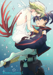 1boy 1girl absurdres anklet barefoot blue_eyes bracelet breath_of_fire breath_of_fire_v closed_mouth dated dress facial_mark full-body_tattoo green_hair highres hug jewelry maruno nina_(breath_of_fire_v) red_wings ryu_(breath_of_fire_v) see-through_clothes short_hair smile tattoo watermark white_dress wings