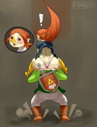 ! 1boy 1girl anal anilingus ass blush cowgirl_position falling head_in_ass head_insertion hetero highres huge_ass large_insertion link looking_down medli nintendo oral panties sitting sitting_on_face sitting_on_head sitting_on_person sitting_on_shoulder sitting_on_shoulders standing straddling the_legend_of_zelda third-party_edit toon_link underwear wide_hips