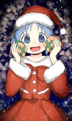 Rule 34 | 1girl, :d, alternate costume, blue eyes, blue hair, blurry, blurry background, blush, bokeh, bow, bowtie, box, christmas, christmas present, cube hair ornament, depth of field, dress, fur-trimmed dress, fur-trimmed headwear, fur-trimmed sleeves, fur trim, gift, gift box, hair ornament, hat, highres, holding, holding gift, light particles, looking at viewer, naganohara mio, naganoharamiomio, nichijou, open mouth, red bow, red bowtie, red dress, red hat, santa costume, santa dress, santa hat, short hair, short twintails, smile, solo, sparkle, twintails, upper body