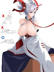 1girl 69 ansenro azur_lane bare_shoulders bdsm black_collar blood blood_on_horn breasts character_name closed_mouth collar collarbone commentary detached_sleeves double_bun dress english_commentary grey_hair hair_bun highres horns huge_breasts leash long_dress long_hair looking_at_viewer nipples puffy_nipples purple_eyes simple_background single_horn sitting slave solo watarase_(azur_lane) white_background white_dress wide_sleeves