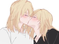 2girls amakuma bang_dream! bang_dream!_it&#039;s_mygo!!!!! black_shirt blonde_hair blush closed_eyes commentary half-siblings highres incest kiss medium_hair misumi_uika misumi_uika&#039;s_sister multiple_girls shirt siblings simple_background sisters spoilers white_background white_shirt yuri